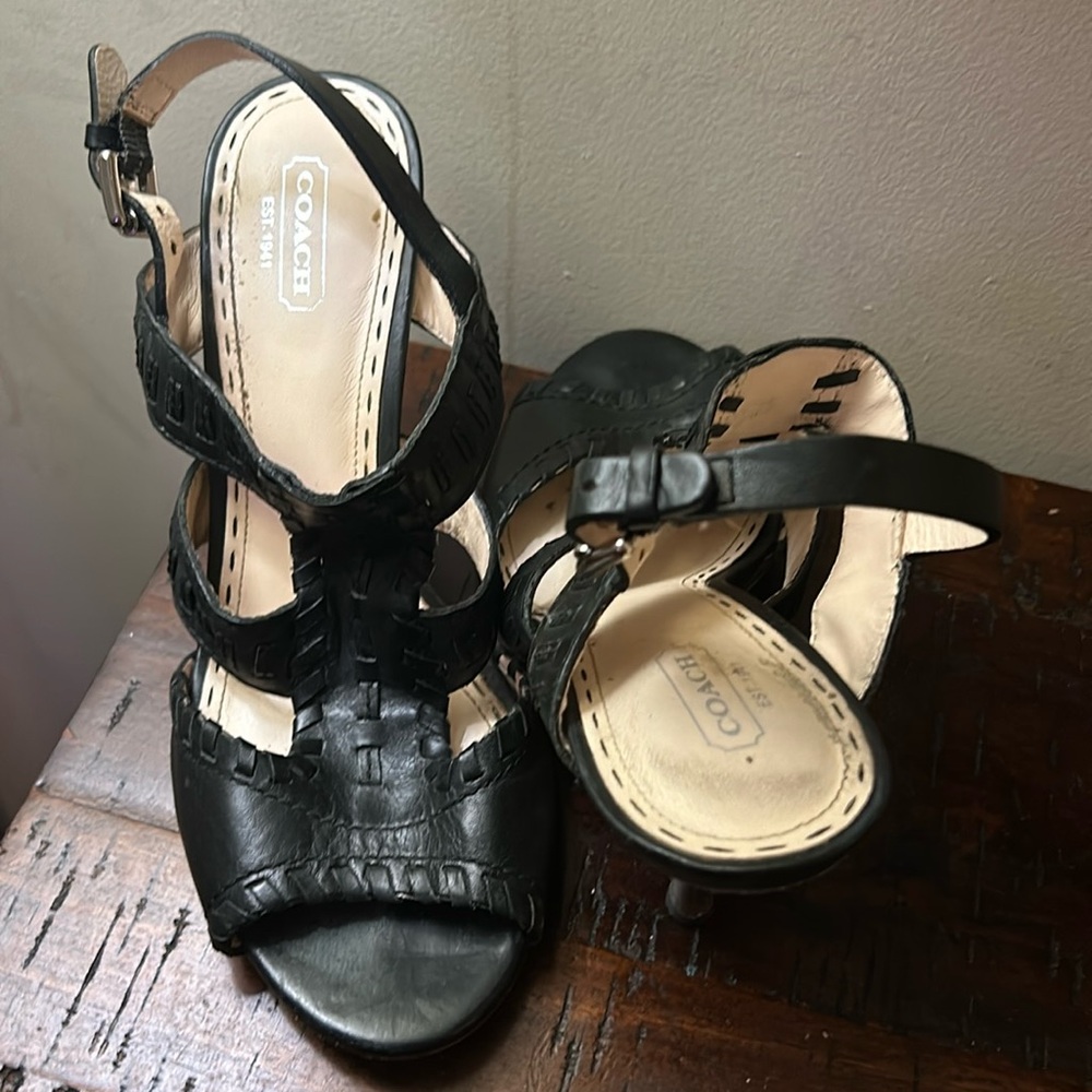 Coach black leather sling back with buckle high heels open toe 
size 8-8.5 B